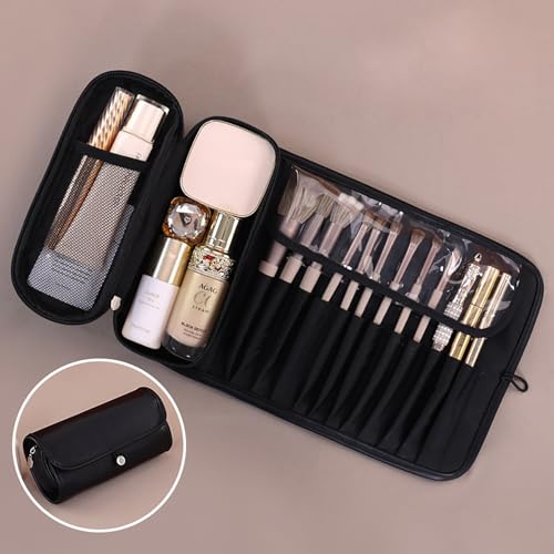 Travel Makeup Organizer, Foldable Roll-Up Cosmetic Storage Bag for Women (Black) - color: Black