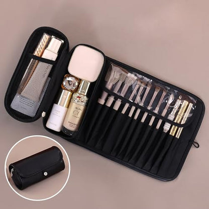 Travel Makeup Organizer, Foldable Roll-Up Cosmetic Storage Bag for Women (Black) - color: Black