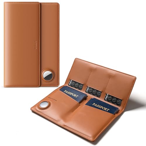 VULKIT Family Passport Holder for 4 Leather Passport Wallet with Airtag Slot Multiple Passport Holder RFID Blocking Bifold Travel Documents Organizer - color: Brown