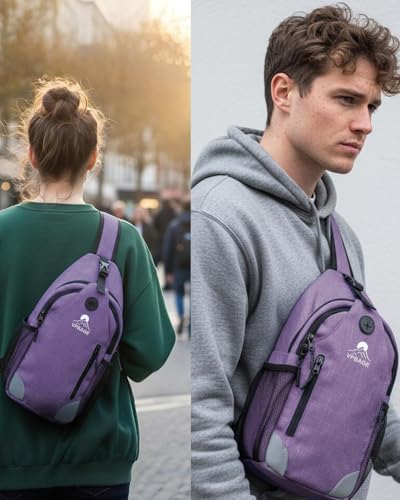 Sling Backpack for Women & Men, Crossbody Travel Bag with Water Bottle Holders, 17 Pockets, Quick-Access Phone Pocket, Hidden Security Pocket, Fits 11" Tablet, for Daily Carry, Travel, Theme Parks - color: E-plum