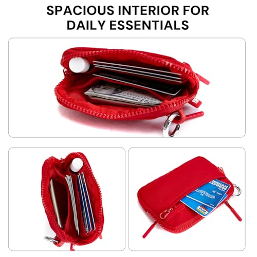 Keychain Wallet for Women Mini Zip Wristlet Wallets with ID Window, Small Coin Purse Keychain Card Holder Organizer, Detachable Strap Gifts for Women, Red - color: Red