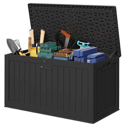 Devoko 240 Gallon Double-Wall Deck Box with Divider, Side Handles, Resin Outdoor Large Storage Box Waterproof and Lockable for Patio Furniture, Garden, Pool (Black) - color: Black, size: 240 Gallon 1 Pack