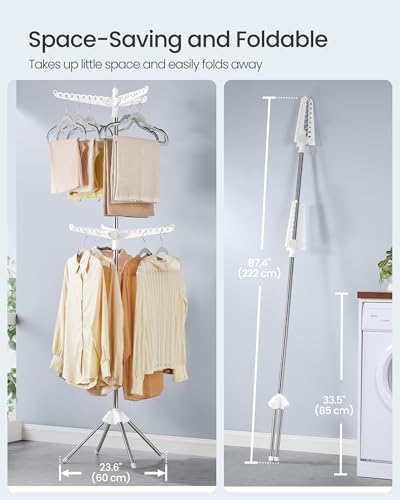 SONGMICS 2-Tier Clothes Drying Rack, 75.2-Inch Folding Laundry Drying Rack with 6 Rotatable Arms for Hangers, Stainless Steel, for 54 Pieces of Clothes, White and Silver ULLR514W01 - color: White + Silver, style: 2-Tier-Hang