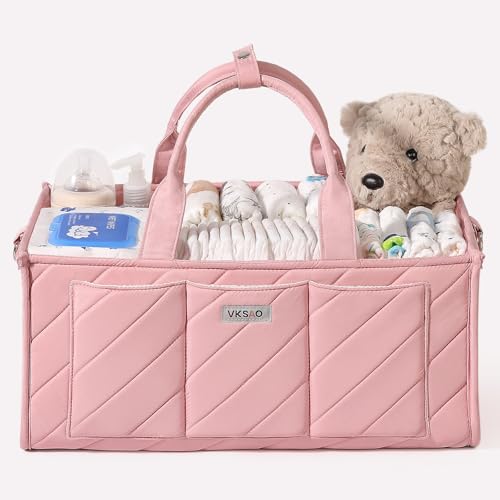 Pink Diaper Caddy Organizer – Portable Storage Basket with Shoulder Strap & Stroller Hooks, Splashproof Quilted Nursery & Car Tote for Baby Girl Shower Gift, Baby Registry, Blush Pink - color: Blush Pink, size: Regular