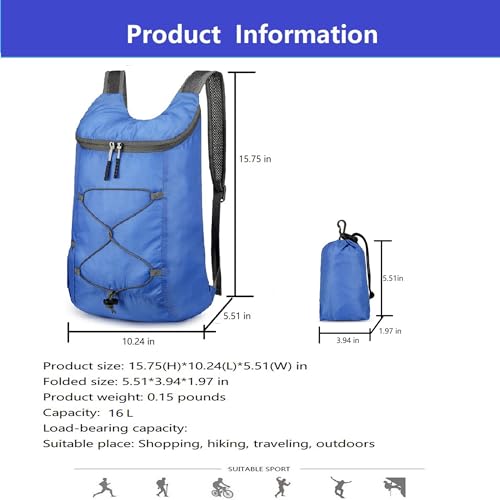 levayhill 16L Foldable Hiking Backpack,Small Packable Daypack, Royal Blue | Lightweight ,Outdoor Collapsible Rucksack,Ultralight Folding Back Pack, Water Repellent, Men Women Travel Gym, Easy Carry-on - color: Royal Blue