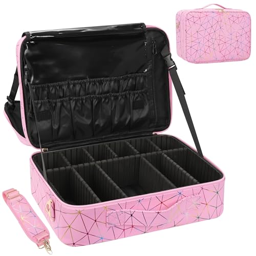 MONSTINA Professional Makeup Case Bag|3 Layers Large Capacity Cosmetic Organizer Brush Bag,Barber Train Case Makeup Artist Box,PU Leather Stylish Geometric Reflection Patterns Pink - color: Pink Diamond, size: Large