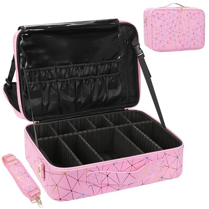 MONSTINA Professional Makeup Case Bag|3 Layers Large Capacity Cosmetic Organizer Brush Bag,Barber Train Case Makeup Artist Box,PU Leather Stylish Geometric Reflection Patterns Pink - color: Pink Diamond, size: Large