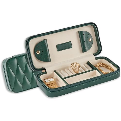 Bey-Berk Diamond-Quilted Leather Travel Jewelry Case, Green, 9" x 4" x 1.75" - color: Green