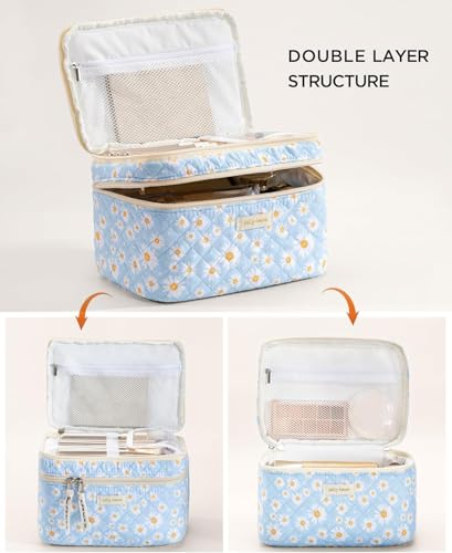 HBselect 2Pcs Travel Makeup Bag, Large Cotton Quilted Makeup Bag Cosmetic Bag Cute Make up Bag Toiletry Bags for Women Girls - color: 2PCS-DAISY