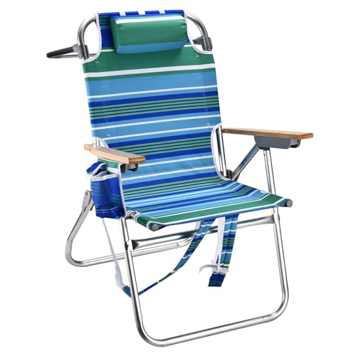 Backpack Beach Chairs for Adults Capacity 300 LBS high 5 Position Beach Chair with Pouch Straps Folding Lightweight Reclining Aluminum Wide Lay Flat Single - color: 17in Wood Green Stripe 1 Pack