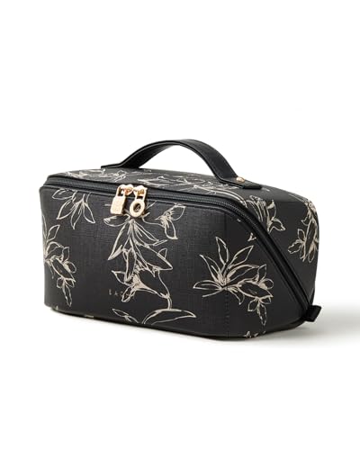 EACHY Travel Makeup Bag, Large Capacity Cosmetic Bags for Women, Waterproof Portable Pouch Open Flat Toiletry Bag Pattern Make up Bag (F-Black) - color: AH-Black, size: Medium