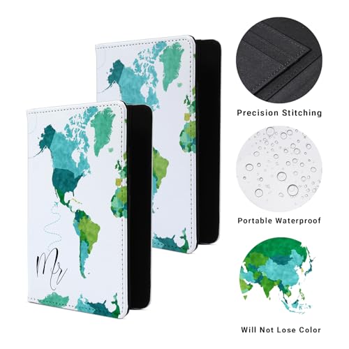 Passport Book Holder,Passport Wallet for Men Mr and Mrs Passport Holder Cover for Women World Map Case for Couples Christmas Traveling Book Protector 2PCS - color: Green Map-Couple 2Pcs