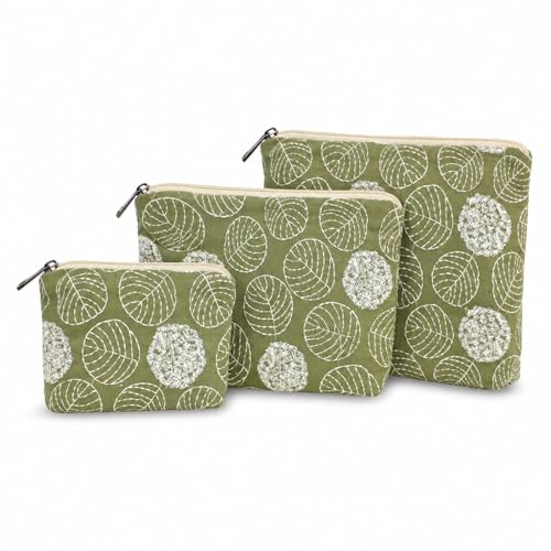 Small Cosmetic Bag Set of 3 for Purse, Green Floral Cotton Makeup Pouch Set, 3 Sizes Zipper Organizer for Travel & Toiletries, Gift for Her Birthday, Bridesmaid & Best Friend - color: GreenLeafEmbroidered/Cotton