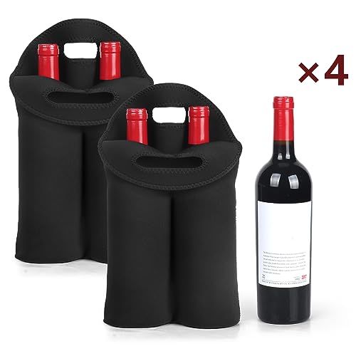 2 Pack Wine Carrier Tote Bag, 4 Bottles Carrying Cooler Bags for Travel and Picnic, Insulated Neoprene Water Beer Bottle Holder with Secure Carry Handle,Keep Bottles Protected (Black)