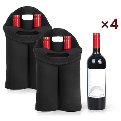 2 Pack Wine Carrier Tote Bag, 4 Bottles Carrying Cooler Bags for Travel and Picnic, Insulated Neoprene Water Beer Bottle Holder with Secure Carry Handle,Keep Bottles Protected (Black)