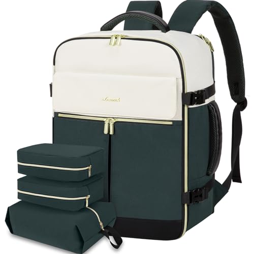LOVEVOOK Travel Backpack, Carry On Backpack for Women, 40L Flight Approved Personal Item Backpack, Large Water Resistant Luggage Daypack with 3 Packing Cubes, fits 17inch Laptop, Beige-green-black - color: Beige-green-black, size: 40L-17.3 Inch-4Pcs