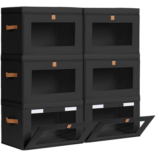 Homsorout Collapsible Storage Bins - Large Stackable Organizer Bins, Decorative Boxes with Handles & Window, Fabric Containers for Living Room, Closet, Dorm, 6 Pack, Black - color: Black, size: Large - 6 Pack