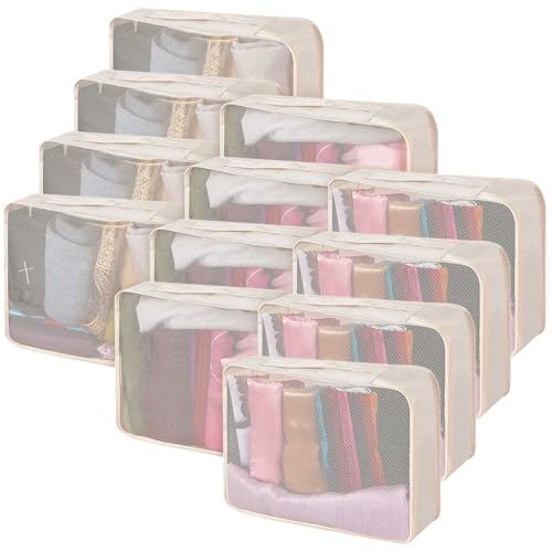 Silkfly 12 Pcs Packing Cubes for Suitcase Travel Luggage Bags Bulk Mesh Organizer Set for Hiking Camping Backpacking Clothes Accessories (Khaki) - color: Khaki, size: XL