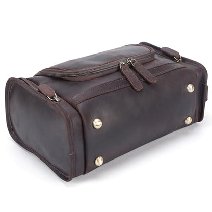 Polare Full Grain Leather Toiletry Bag Travel Dopp Kit Makeup Cosmetic Organizer Shaving Kit Wash Case with Hanging Hook