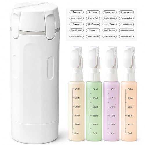 4 in 1 Travel Dispenser Bottles, 4 Pack 30ML/1 oz Refillable Toiletry Containers With Labels, Squeezable Shampoo Lotion Conditioner Cream Bottles, Leak Resistant Set (White) - color: White