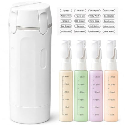 4 in 1 Travel Dispenser Bottles, 4 Pack 30ML/1 oz Refillable Toiletry Containers With Labels, Squeezable Shampoo Lotion Conditioner Cream Bottles, Leak Resistant Set (White) - color: White