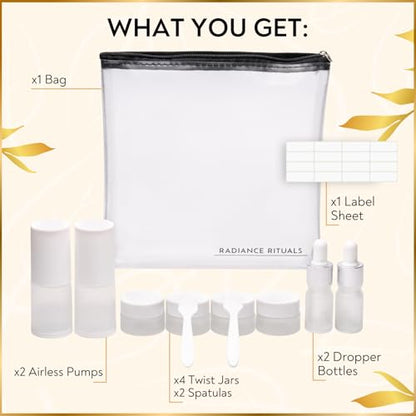 11 Piece Travel Skincare Containers Set - TSA Approved Toiletry Bag & Travel Size Toiletries Bottles - Airless Pump, Dropper Bottles & Travel Size Containers for Serums, Moisturizers, & Oils