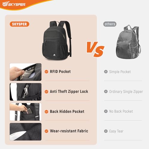 SKYSPER Anti Theft Hiking Backpack, 18L RFID Packable Travel Daypack, Lightweight Foldable Back Pack for Walking Daytrip - color: Black