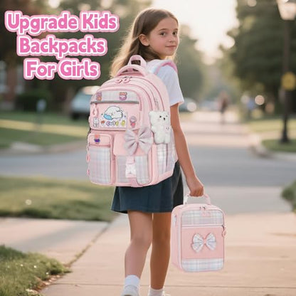 Girls Backpack with Lunch Box Set, 5pc Pink Cute Kawaii Bookbag for Teens, Aesthetic School Backpack for Elementary - color: Pink