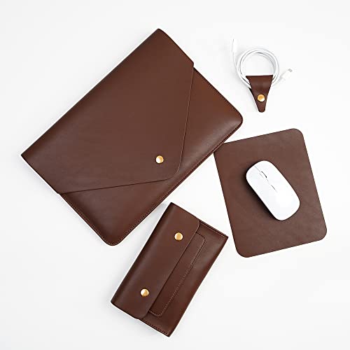 Laptop Sleeve for 15.3 inch MacBook Air 2023/2024, Surface Laptop 15/Book 13.5/Studio with Small Pouch, Mouse Pad and Cord Holder - Dark Brown - color: Dark Brown, size: 14-15 Inch