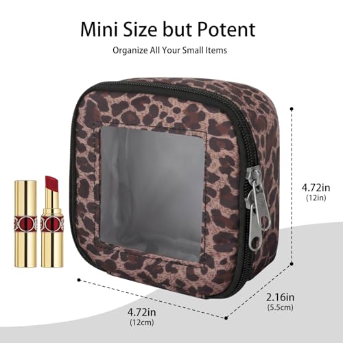 DOB SECHS Mini Leopard Makeup Bag for Purse 5.1'' x 5.1'' Small Makeup Bag for Car Cute Clear Cosmetic Bags with Zipper, Tiny Toiletry Bag Lipstick Organizer Pouch Case Travel Essentials Storage Pouch - color: Brown Leopard