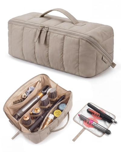 BAGSMART Hair Tool Organizer Travel Bag Compatible with Dyson Airwrap, Shark Hair Dryer, Wide-open Accessories Organizer with Heat Resistant Mat, Makeup Bag for Dyson Attachments, Curling Iron, Brown - color: Brown
