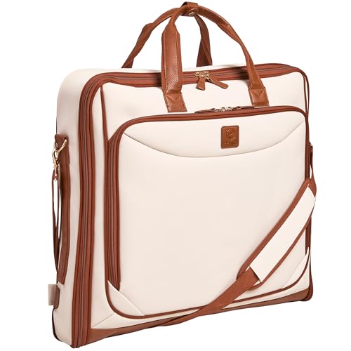 ZEGUR Premium Garment Bag Carry On for Women - Hangs Blazers, Pantsuits & More - Travel Bag with Shoulder Strap and Laptop Compartment (Beige with Saddle Brown Leather) - color: Beige