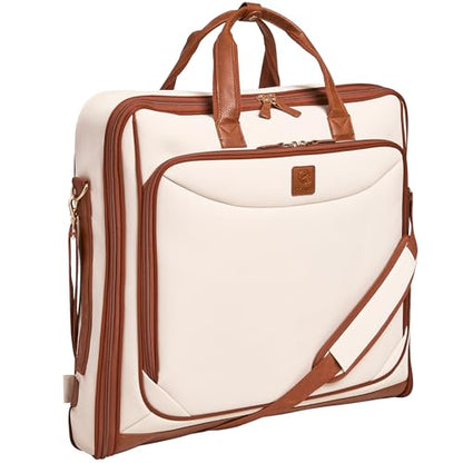 ZEGUR Premium Garment Bag Carry On for Women - Hangs Blazers, Pantsuits & More - Travel Bag with Shoulder Strap and Laptop Compartment (Beige with Saddle Brown Leather) - color: Beige