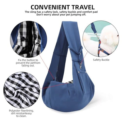 Dog Carrier Sling - Reversible Puppy Carrier Purse with Storage Pocket, Hand-Free Dog Sling Carrier for Carry Small Dogs and Cats, Travel Safety Harness, Dog and Cat Harness (Blue) - color: Blue