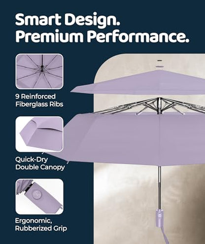 Repel Windproof Travel Umbrella - Compact & Withstands Winds up to 100MPH , Strongest Premium Auto Folding Umbrella for Rain and Sun - Durable, Light & Portable for Women & Men , Fits Backpack & Cars - color: Pastel Lavendar