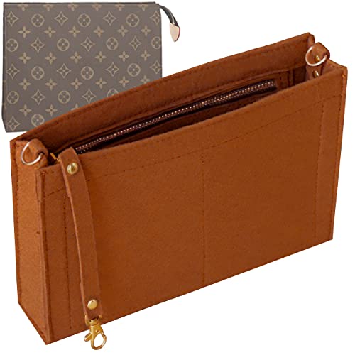 Toiletry Pouch 19 26 Bag Organizer Insert for Cosmetics Tidy Organizer,Felt Purse Organizer Insert Ladies Tote Handbag Liner Pocket Organizer with Keychain & Gold Buckle & Zip(Small-19,Brown) - color: Brown, size: Small-19