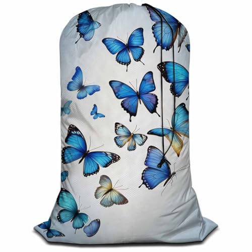 Swono Beautiful Blue Butterflies Large Dirty Clothes Laundry Bag for Laundry Basket Hamper, Flying Animal Garden Fairy Tale Machine Washable Dirty Clothes Organizer - color: Beautiful Blue Butterflies