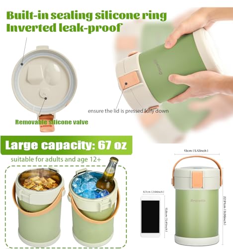 67oz/2L Thermo for Hot Food, 304 Stainless Vacuum Insulated Soup Thermo, Leakproof Thermal Lunch Box with 3 Stackable Bento Boxes & Leakproof Sauce Cups for Adults Office Travel Camping - Green - color: Green(Simple Version）