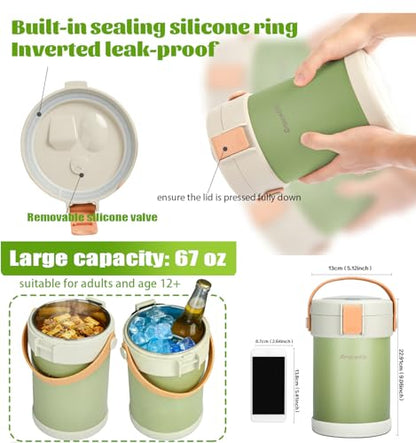 67 oz Audult Hot Food Thermo, Insulated Food Container,2L 3 Layer Insulated Lunch Box Kit Stainless Steel Vacuum Soup Food Thermo Stackable Hot Food Jar Bento Box for Men, Women-Green - color: Green(dark bag）