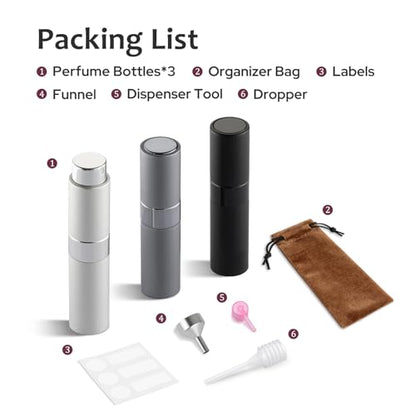LISAPACK 8ML Atomizer Perfume Spray Bottle for Travel (3 PCS) Empty Cologne Dispenser, Portable Sprayer (Black, Silver, Grey) - color: 3 Colors3