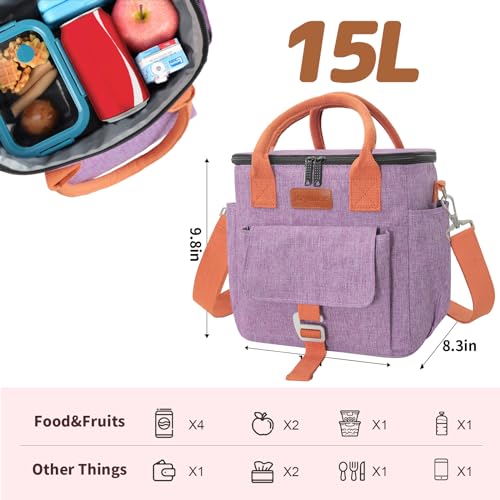 Joymee Lunch Bag Women Large Insulated Reusable Leakproof - Purple | Large Spacious, Cooler Lunch Bag, Adjustable Shoulder Strap, With Side Pocket, Bottle Holder, for Office Work Picnic Travel - color: Purple