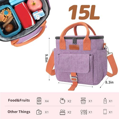 Joymee Lunch Bag Women Large Insulated Reusable Leakproof - Purple | Large Spacious, Cooler Lunch Bag, Adjustable Shoulder Strap, With Side Pocket, Bottle Holder, for Office Work Picnic Travel - color: Purple