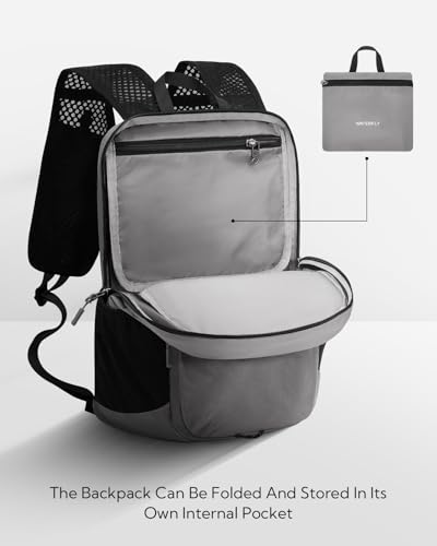 WATERFLY Packable Lightweight Small Backpack: 15L Foldable Mini Hiking Daypack - Ultralight Compact Day Pack for Women Men Outdoor Travel Camping Walking - Gray - color: Grey