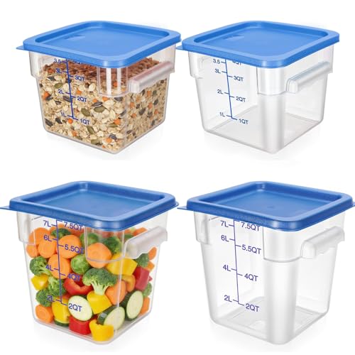 Lallisa 4 Pcs 8qt & 4qt Clear Food Storage Containers with Lids Handles and Scales, Stackable Plastic Square Food Storage Containers for Dough Proofing Baking Kitchen Restaurant(Blue) - color: Blue