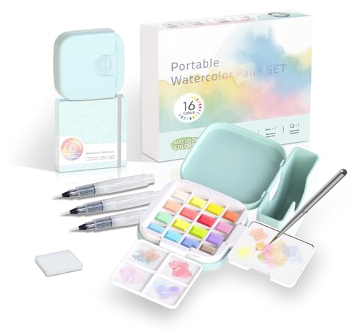 Mini Watercolor Paint Set - Compact Travel Art Kit with 16 Colors,Detail Paint Brush, Palette & Watercolor Sketchbook - Pocket Travel Watercolor Set, Painting Sets, Art Supplies - Macaron Colors Gift Set - color: Macaron Colors Gift Set