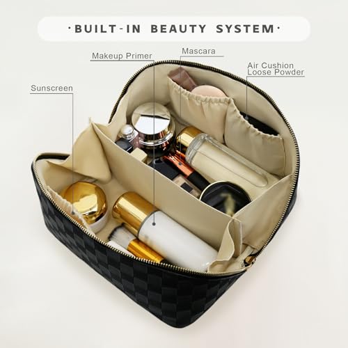 Travel Makeup Bag – Large Cosmetic Organizer with Waterproof PU Leather, Smooth Double Zipper & Tear-Resistant Lining, Toiletry Pouch for Women (Black) - color: 02-Black