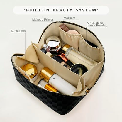 Travel Makeup Bag – Large Cosmetic Organizer with Waterproof PU Leather, Smooth Double Zipper & Tear-Resistant Lining, Toiletry Pouch for Women (Black) - color: 02-Black