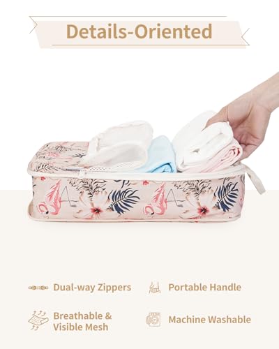 Narwey 6 Set Compression Packing Cubes for Travel Women Men, Travel Cubes for Carry On Suitcase, Durable Compression Luggage Organizer Bags - color: Y-Beige Flamingo