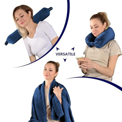 Multifunctional Neck Pillow, Soft Warm Blanket with Cozy Neck Pillow Case, Portable Blanket Set for Airplane, Camping, Car (Navy Blue)