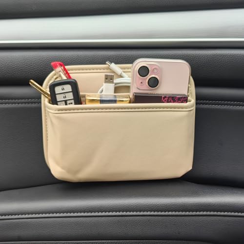 Driver's Car Storage Bag, Small Car Side Pocket Organizer for Car Seats, Doors and Consoles, PU Leather (Beige) - color: Beige